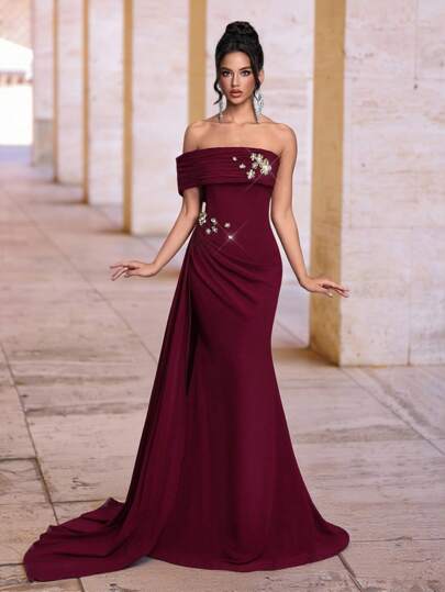 Glamrae Váy dạ hội đuôi cá xếp nếp bất đối xứng độc đáo và sang trọng, màu đỏ sẫm, trang trí hoa 3D thủ công, tiên phong, độc đáo, có đuôi cho nữ