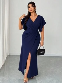 Elenzga 加大码轻盈礼服，优雅浪漫荷叶边袖 V 领腰部修身鱼尾下摆连衣裙，适合婚礼宾客、派对、宴会