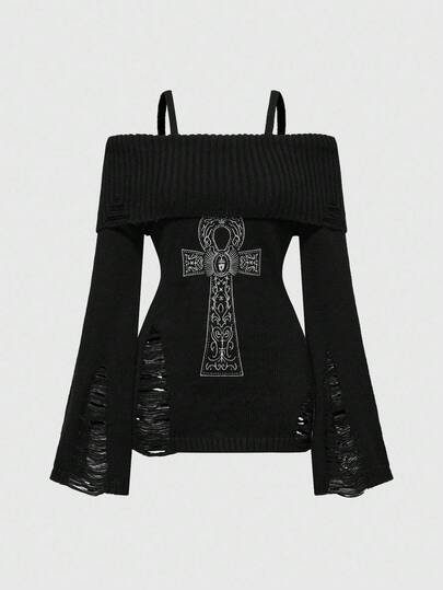 Goth Camiseta sin hombros con diseño de cruz Ankh bordada y rasgada de estilo punk para Halloween
