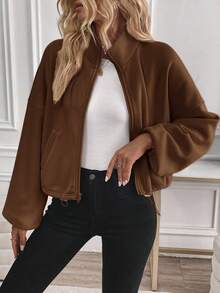 Easowa 女士拉链抽绳长袖保暖抓绒时尚休闲立领卫衣，棕色，秋冬季 - 棕色 - 查看 3