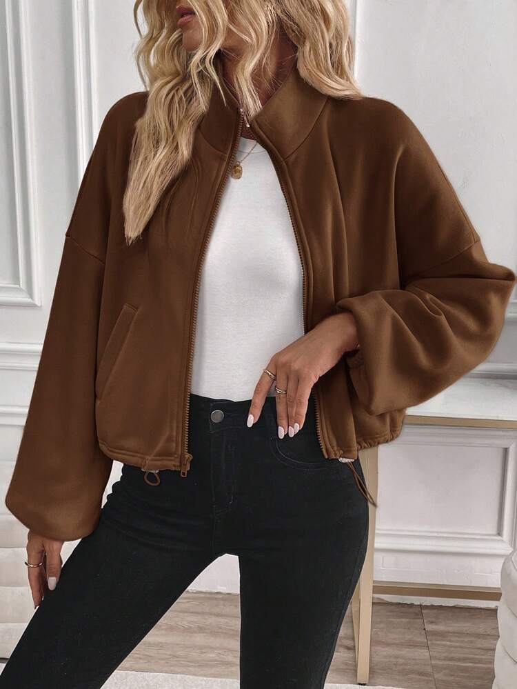 Easowa Sudadera con cremallera, cordón y manga larga de forro polar cálido, de estilo casual y cuello alto para mujer, color marrón para otoño e invierno - Marrón - Añade 3