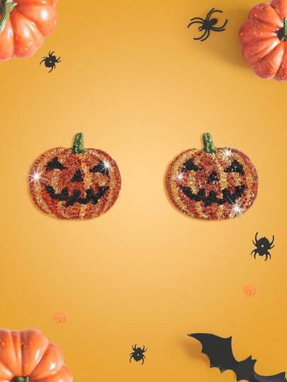 Notgurli 2pcs Halloween Big Pumpkin Devil Sequin Glitter Glamorous Contrast Color Halloween Funny Cute Party Music Festival Bar Club Outfit Women Nipple Covers & Anti-Chafing Pasties Nipple Pasties Covers Rhinestone Breast Pasty Spooky Nipple Covers Halloween Nipple Covers Summerween Nipple Pasties