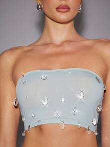 Hauture 女款 Y2K 水钻装饰短款修身性感抹胸上衣 - 霧霾藍 - 查看 2