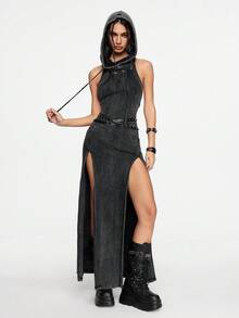 ROMWE Grunge Punk Trang phục lễ hội âm nhạc Punk Apocalyptic Wasteland có mũ trùm đầu hở lưng, buộc dây, xẻ tà cao, họa tiết bông tuyết ôm sát dành cho nữ - Màu xám đen - Xem 2