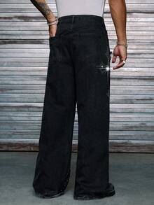 AXEPEAK 男士水洗宽松休闲水钻装饰裤 - 黑色 - 查看 2