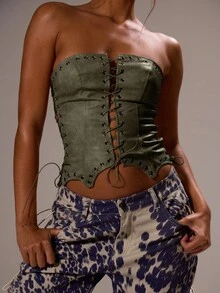 MUSERA Faux Leather Tie Up Bandeau Eyelet Curved Hem Corset Tube Top Festival, Concert, Rave, Club, , Sexy  Spring Summer Holiday - Dark Green - View 6