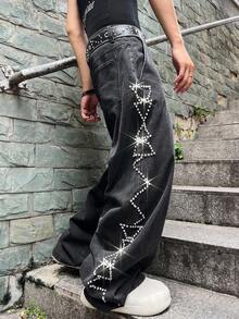 Manfinity EMRG 大码男士休闲水洗水钻装饰牛仔裤 - 黑色 - 查看 6