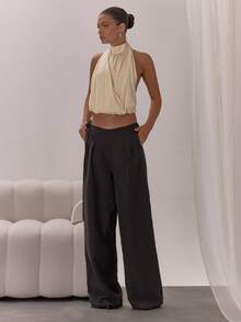 MUSERA 阔腿系带褶裥长裤，优雅性感，适合夜晚外出、度假、办公室、冬季派对等场合。 - 黑色 - 查看 5