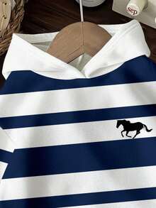 Tween Boy Casual Minimalist Comfortable Warm College Style Striped Classic Sporty Loose Fit Long Sleeve Sweatshirt, Suitable For Autumn/Winter