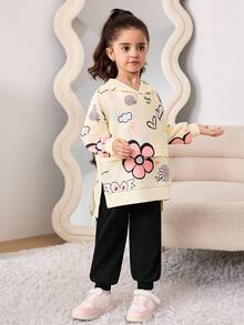 SHEIN 2 pièces/Set Tenue de sport décontractée, sweat-shirt à capuche oversize avec imprimé de fleur de cœur de bande dessinée et slogan en anglais, assorti avec un pantalon de jogging en tricot, convient pour l'automne/l'hiver, retour à l'école - Nude - Voir 6