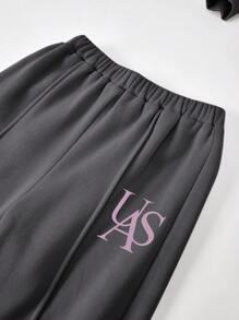 SHEIN Girlism 青少年女孩休闲心形印花针织纯色宽松落肩长袖运动衫和阔腿运动裤套装 - 灰色 - 查看 6