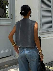 SHEIN Essnce Women Solid Round Neck Sleeveless Loose Cropped Tank Top - Dark Grey - View 2