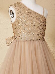 Flower Girl & Big Girl High-End One Shoulder Sequin Contrast Mesh Back Bow Long Dress, Suitable For Wedding, Christmas, Halloween, Performance, Prom, Birthday Party, Back To School, Graduation Fall Winter - Champagne - View 4