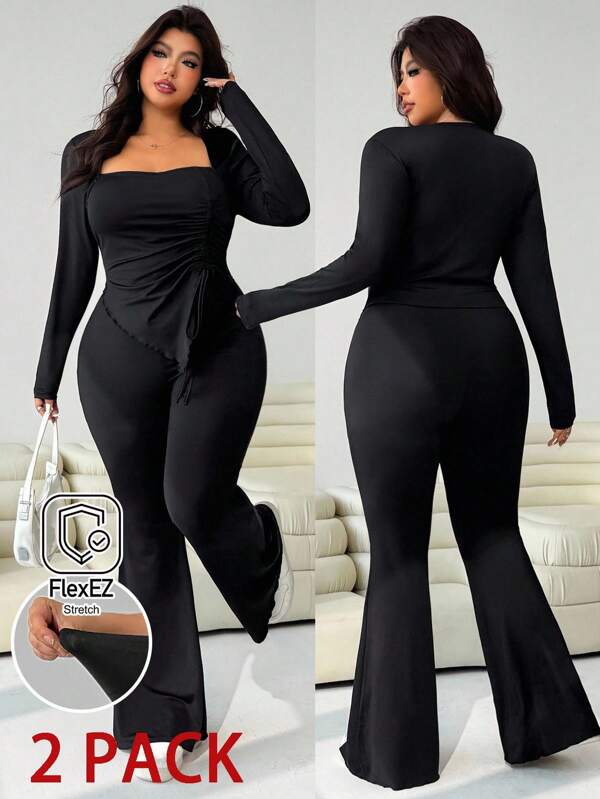 Solflare Conjunto de 2 piezas de camiseta de manga larga con cuello de cisne asimétrico y volantes, emparejado con pantalones de pierna acampanada, de punto elástico negro, adecuado para uso casual, citas, fiestas, vuelta al colegio, ir al trabajo. Conjunto de 2 piezas negro con pantalón curvo