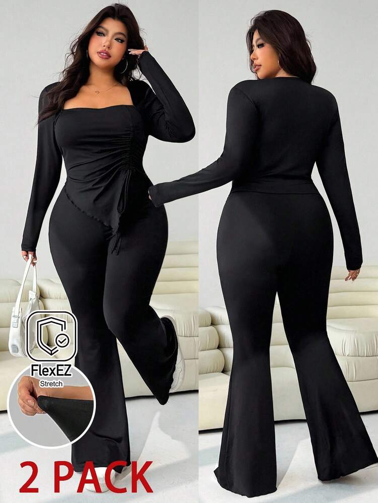 Solflare Autumn/Winter Swan Collar Asymmetric Ruched Long Sleeve T-Shirt Paired With Flared Leg Pants, Black Stretchy Knit 2-Piece Set, Suitable For Casual, Dating, Party, Back To School, Commuting Black 2 Pieces Set Curve Curve Pants Set