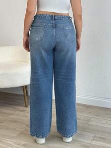 EURMUSE 100% Cotton Plus Size Women Knee Ripped Pockets Waist Elastic Straight Leg Jeans - Light Wash - View 2
