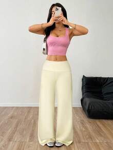 SHEIN EZwear Women's Loose Fit Wide Leg Casual Pants, Light Yellow - Light Yellow - View 3