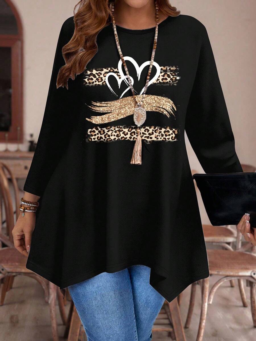 EMERY ROSE Camiseta de manga larga con cuello redondo, holgada, con estampado asimétrico de corazón y leopardo, para mujer de talla grande, color negro, para otoño/invierno, para salir de noche, para maestras, para atuendos de mujer en otoño
