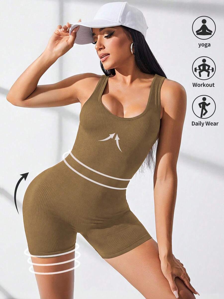 Easithlete Bộ đồ liền thân thể thao dệt kim gân màu trơn không đường may dành cho nữ - Màu Khaki - Xem 1