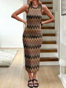 Easowa Váy midi họa tiết hình học màu nâu tối giản giản dị dành cho nữ, thích hợp cho kỳ nghỉ, đầu thu, tiệc tùng - Nhiều màu - Xem 5