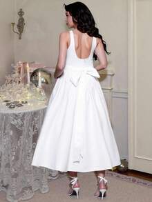 SHEIN MOD 春夏新款大码女式复古水钻链条白色露背中长连衣裙，优雅连衣裙，适合派对、宴会、音乐节、姐妹聚会、节日 - 白色 - 查看 5