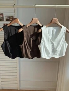 Comfortcana 3件套女士休闲度假日常简约百搭纯色提花纽扣前开襟上衣，夏秋季无袖上衣 - 彩色 - 查看 3