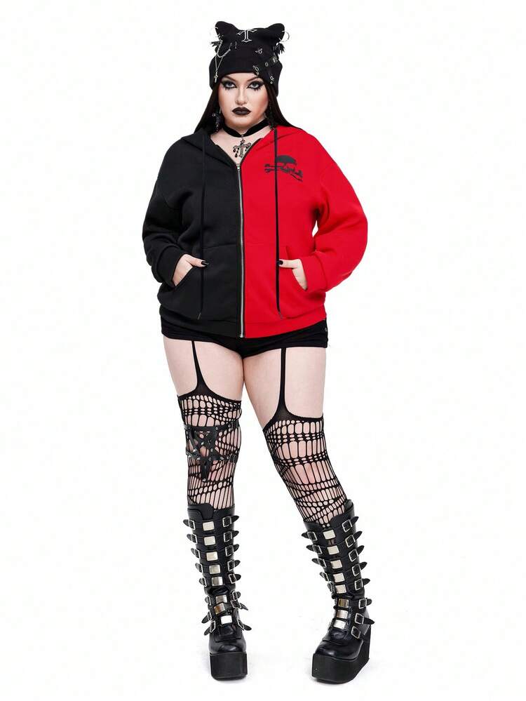 Whyspr Goth Punk Gothic Halloween Plus Size Dark Kitty Ear Sweatshirt Jacket, Skull Print Colorblock Black & Red Pullover Fall Winter Autumn - Multicolor - View 7