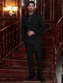 Calvornis Men's Double-Breasted Suit Set (Jacket And Pants) Men Black Suit Set Men Dinner Outfit Men Evening Wear - Black - View 6