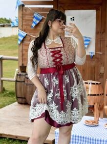 SHEIN EZwear 蕾丝对比拼布提花甜美浪漫 Dirndl 加大码 A 字连衣裙 - 粉色 - 查看 10
