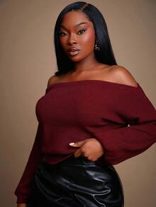 Radiana Plus Size Women's Sexy Elegant Off-Shoulder Long Sleeve Sweater, Suitable For Sexy Office Siren Coquettish, Prom, Ball, Valentine's Day, Cruise Attire, Commuting, Business - Brown - View 4