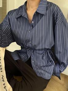 DAZY Women's Casual Commuter Striped Shirt With Turndown Collar, Long Sleeve Fall - Navy Blue - View 5