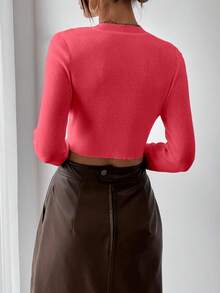 EMERY ROSE Women's Solid Color Round Neck Long Sleeve Cropped Fitted Pullover Sweater, Autumn Fall Winter Cloth For Women, Christmas - Watermelon Pink - View 2
