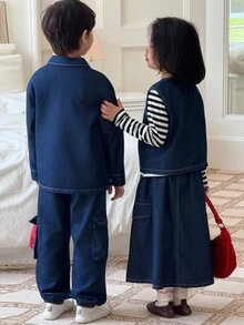 Genkimix Kids 2pcs/Set Toddler Boy Long Sleeve Denim Shirt +  Denim Flap Pocket Cargo Pants