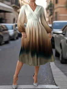 SHEIN Clasi V领长袖女士长裙，适合秋冬季 - 彩色 - 查看 4