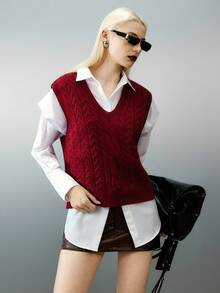 Women Casual Daily Cable Knit V-Neck Vest, For Autumn - Burgundy - View 6