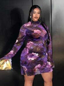 Slaydiva Vestido ajustado de talla grande con estampado floral verde, de manga acampanada y tejido elástico de malla sexy básico - Morado Violeta - Ver 5
