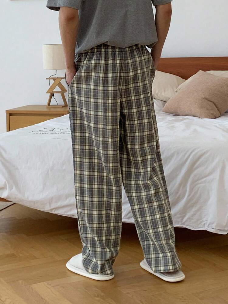 DAZY 男士格子面料松紧腰休闲裤，秋季睡衣 - 彩色 - 查看 2