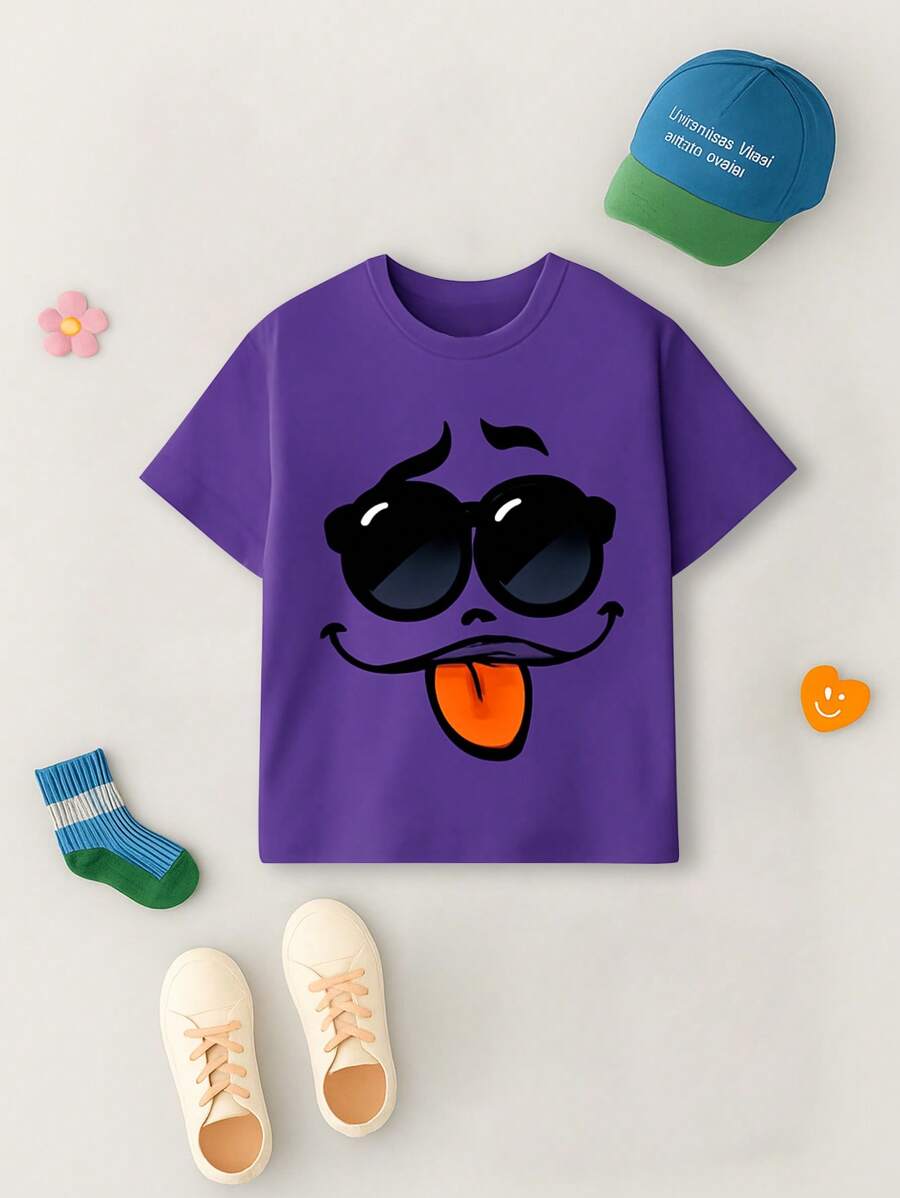 GraphicGems Teen Boy Regular Crew Neck Sunglasses Smiling Face Print Casual T-Shirt, Suitable For Spring & Summer - Purple - View 1
