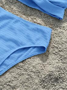 SHEIN Bộ đồ bơi hai dây dệt kim trơn màu cho bé gái tuổi mới lớn, mùa xuân/hè - Màu xanh lam - Xem 4