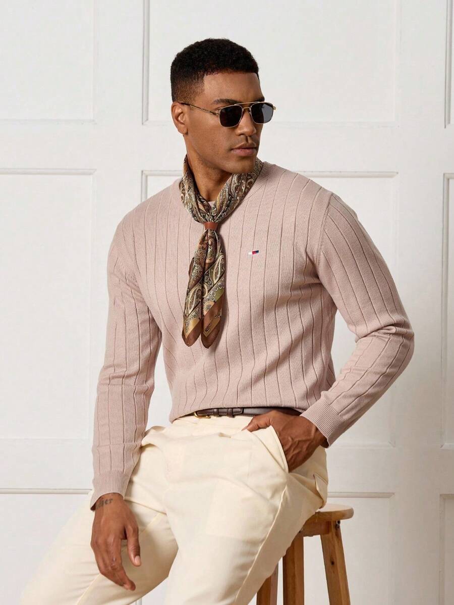 Manfinity CityGents Suéter Masculino Slim Fit de Gola Careca de Manga Longa Casual Old Money, Outono/Inverno - Multicolorido - Visão 1