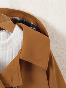 Shein Playful Pals Baby Boy Diagonal Hooded Sweatshirt, Children's Autumn/Winter Trench Coat, Children's Fashionable Brown Jacket