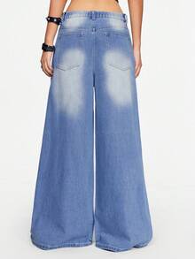 ROMWE Street Life Women's Casual Everyday Washed Rhinestone Embellished Wide Leg Jeans