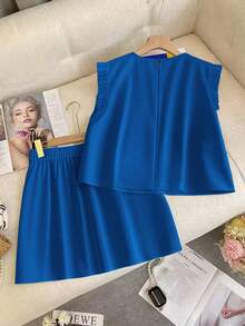 Flirla 大码女式 3D 花卉装饰立领黑色纯色上衣搭配高腰 A 字形 3D 花卉装饰迷你裙优雅 2 件套 - 水鴨藍 - 查看 2