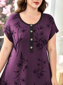 SHEIN Lacomfia Đầm dài tay ngắn dáng rộng thoải mái mùa hè cho nữ cỡ lớn - Màu tím - Xem 6