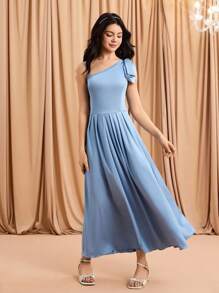 Teen Girls Elegant Fashionable Minimalist Asymmetric High Waist Long Solid Color Satin Fabric Bow Design Prom, Christmas Party, Halloween Event Dress - Blue - View 7