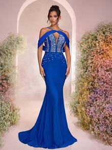 Glamrae 优雅奢华水钻弹力针织露肩美人鱼泳衣，适合婚礼、派对、度假、庆典、正式场合（重型） - 寶藍色 - 查看 6