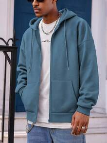 Manfinity Dauomo Sweatshirt Hoodie Lengan Panjang Pria Warna Polos Kasual Serbaguna untuk Sehari-hari, Musim Gugur - Teal Blue - View 8