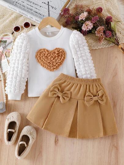 Elladie kids 女孩休闲舒适套装，心形钩针泡泡袖白色上衣和卡其色灯芯绒蝴蝶结半身裙，甜美可爱两件套服装，春秋