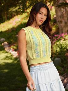 WESTFADE Chaleco de punto con cuello redondo, ajuste relajado, bordado floral de estilo country western, de punto de cable, para primavera y verano - Amarillo - Ver 3