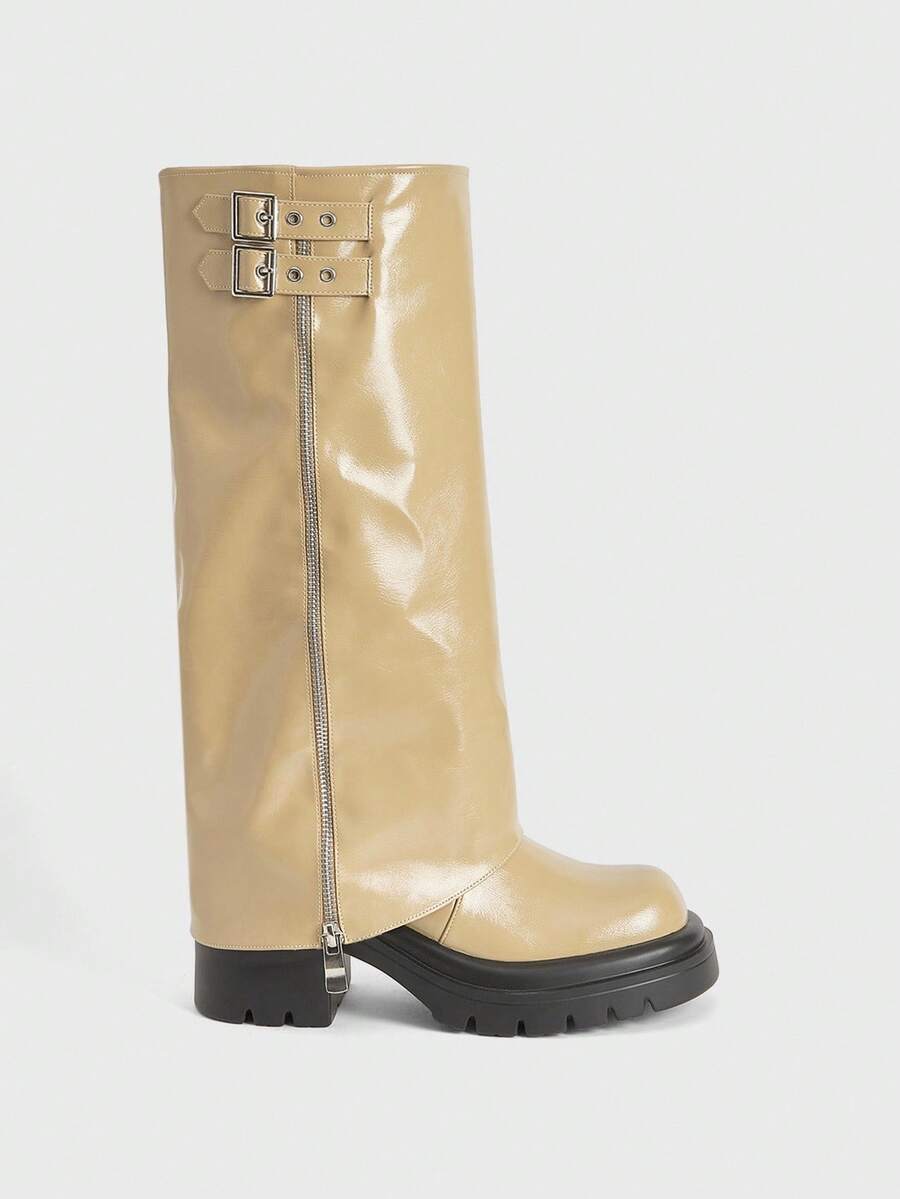 Sugerpunk Sepatu Bot Fashion Wanita dengan Desain Gesper, Sol Tebal, Hak Tinggi, Panjang Setengah Betis, Cocok untuk Pemakaian Sehari-hari - Khaki - View 1